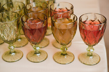Catering banquet table at wedding reception. Restaurant presentation, european cuisine, food consumption, party concept. Food styling, appetizers bar, welcome drink, event design.