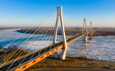 Aerial view of the cable-stayed Murom bridge over the Oka river. Russia