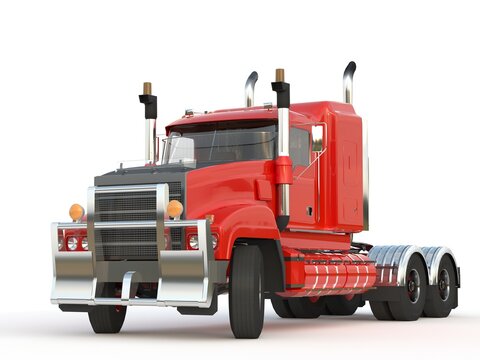 Red american truck isolated on white background. Front  View. 3d render
