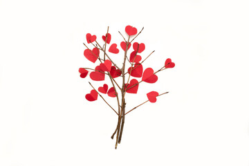 Plakat Paper hearts on the tree branches isolated on white background for Valentine's day. Love tree. Flat lay, Top view.