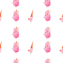 Seamless pattern illustrations with two  pink pigs with christmas hats isolated on white background