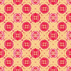 Pink and red rosettes seamless vector pattern on yellow. Surface print design for fabrics, stationery, scrapbook paper, gift wrap, home decor, wallpaper, backgrounds, textiles, and packaging.