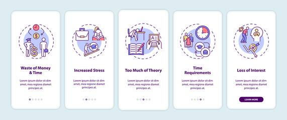 Staff training disadvantages onboarding mobile app page screen with concepts. Money wasting, too much theory walkthrough 5 steps graphic instructions. UI vector template with RGB color illustrations