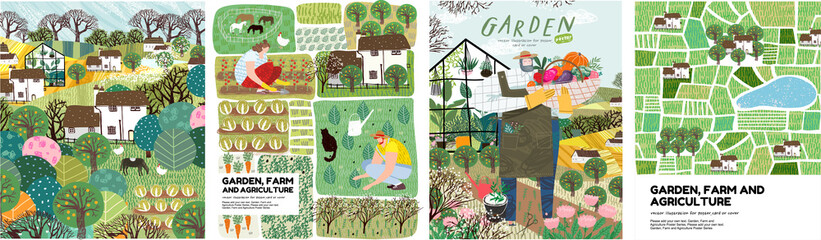 Garden, farm and agriculture. Vector illustration of gardener, garden beds, fields, maps, houses, nature, greenhouse and harvest. Drawings for poster, background or postcard
 - obrazy, fototapety, plakaty