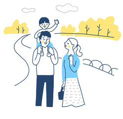 子供を肩車する父親と寄り添う母親