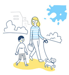 犬と散歩する親子