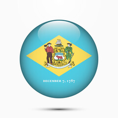 Delaware flag vector circle shape button. Clear circle isolated Delaware flag background button. Transparent glossy glass button. Vector Illustration