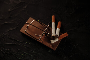 Cigarettes on a mouse trap Toxic addiction concept.