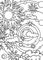 ornamental cosmic coloring page, vector outline illustration