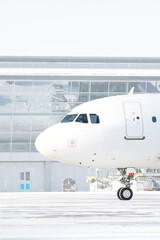 Modern passenger airplane on the apron of airport during taxiing. Snow blizzard. Airport in snow.