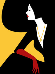 Silhouettes of women in black clothes and red gloves