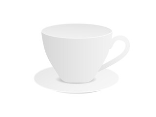 Side view empty porcelain cup on saucer mockup. Ceramic realistic white tableware for hot cappuccino and espresso invigorating vector morning.
