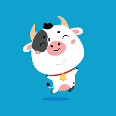 Cute cartoon farm milk animal character on blue background. Vector funny mascot. Vector Illustration of farm cow for printing on products and packaging containing milk in simple children's style.