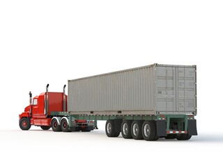 Red american truck with container isolated on white background. Back View. 3d render photo realistic.