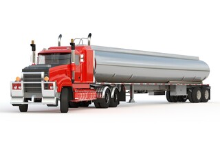 Red american truck with tank isolated on white background. Front View. 3d render photo realistic.
