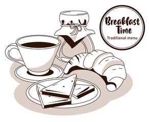 breakfast time lettering in circular frame poster with croissant and ingredients
