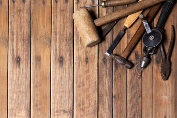 
Assorted Tools Carpenter On Wood Background