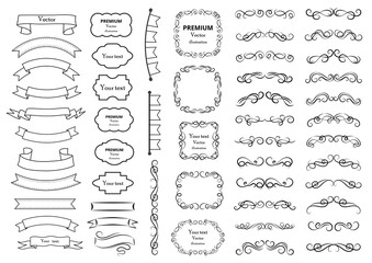 Calligraphic design elements . Decorative swirls or scrolls, vintage frames , flourishes, labels and dividers. Ribbon elements. Retro vector illustration