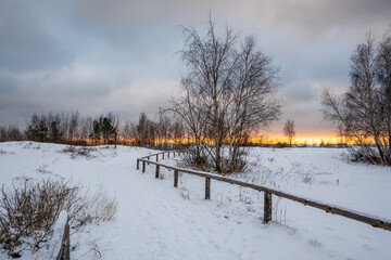 Snow covered path to the beach in Jastarnia village on Hel Peninsula. Poland