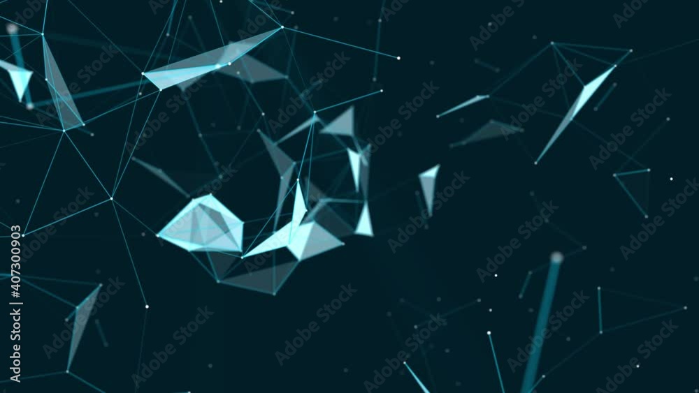 Leinwandbilder Abstract plexus of moving glowing dots, lines and triangles. Network or digital connection. Technology background. 3d rendering. 4K. Seamless loop.