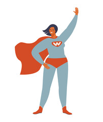 Superhero woman character. Wonderful female hero character in superhero costume with waving cape disguise. female in muscular pose, game figure. Super girl cartoon vector isolated.