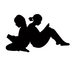 two children reading book, silhouette vector