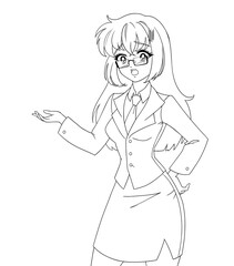 Cute anime manga girl wearing office suit isolated on white background.