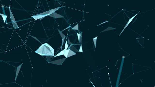 Abstract plexus of moving glowing dots, lines and triangles. Network or digital connection. Technology background. 3d rendering. 4K. Seamless loop.