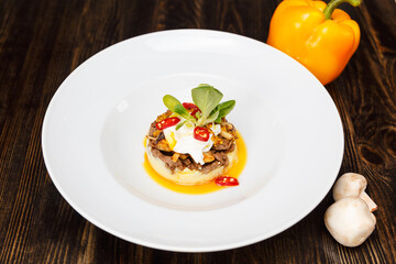 Beautiful Serving White Restaurant Plate of Hot Beef Stroganoff