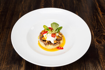 Beautiful Serving White Restaurant Plate of Hot Beef Stroganoff