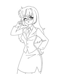 Cute anime manga girl wearing office suit isolated on white background.