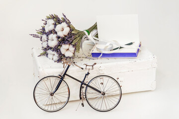 Vintage miniature bike next to suitcase and a bouquet of dried flowers