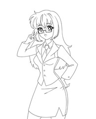 Cute anime manga girl wearing office suit isolated on white background.