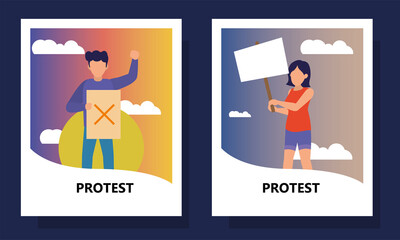 Protest woman and man holding banners in labels vector design