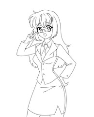 Cute anime manga girl wearing office suit isolated on white background.