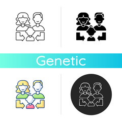 Heredity icon. Human life reproduction. Family generation. Couple of parent with daughter, son. Offspring connection to mother, father. Linear black and RGB color styles. Isolated vector illustrations