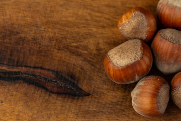 composition of hazelnuts on a wooden board