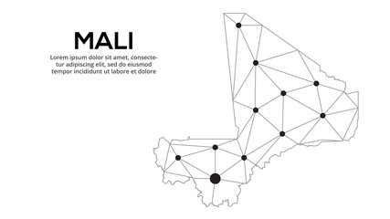 Mali communication network map. Vector low poly image of a global map with lights in the form of cities. Map in the form of a constellation, mute and stars.