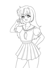 Cute anime manga girl wearing school uniform isolated on white background.