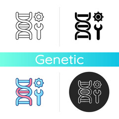 Genetic engineering icon. DNA structure. Scientific research. Experiment with molecule. Biotechnology test. Laboratory experiment. Linear black and RGB color styles. Isolated vector illustrations