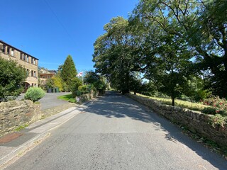 Fototapeta na wymiar View along, Alderscholes Lane, with dry stone walls, flowers, old trees, and a blue sky in, Thornton, Bradford, UK