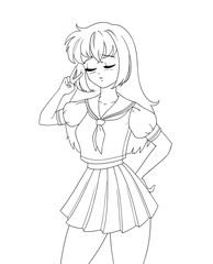 Cute anime manga girl wearing school uniform isolated on white background.