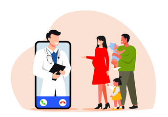 A young family with many children at a family doctor's appointment online, via the app. 