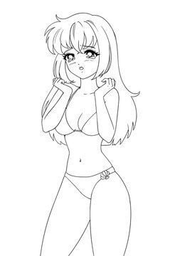 Cute anime manga girl wearing swimsuit bikini isolated on white background.