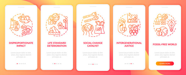 Climate justice categories onboarding mobile app page screen with concepts. Social change catalyst walkthrough 5 steps graphic instructions. UI vector template with RGB color illustrations