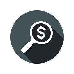 Looking for money. Magnifying glass in money icon design. Icon logo for business finance, audit services. Currency and dollar sign, loupe or magnifier symbol. Finance, investment and loan vector