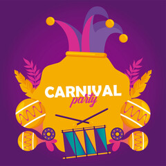 mardi gras carnival party celebration with jester hat and instruments