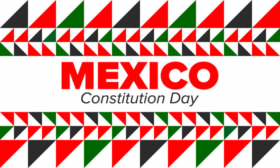 Fototapeta premium Mexico Constitution Day. National happy holiday, celebrated annual in February. Mexican pattern and colors. Patriotic elements. Festival design. Poster, card, banner and background. Vector