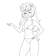 Cute anime manga girl wearing swimsuit bikini isolated on white background.