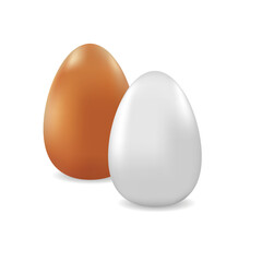 Two vector realistic chicken eggs. White and light brown eggs isolated on  white background. Template for Easter and other projects.